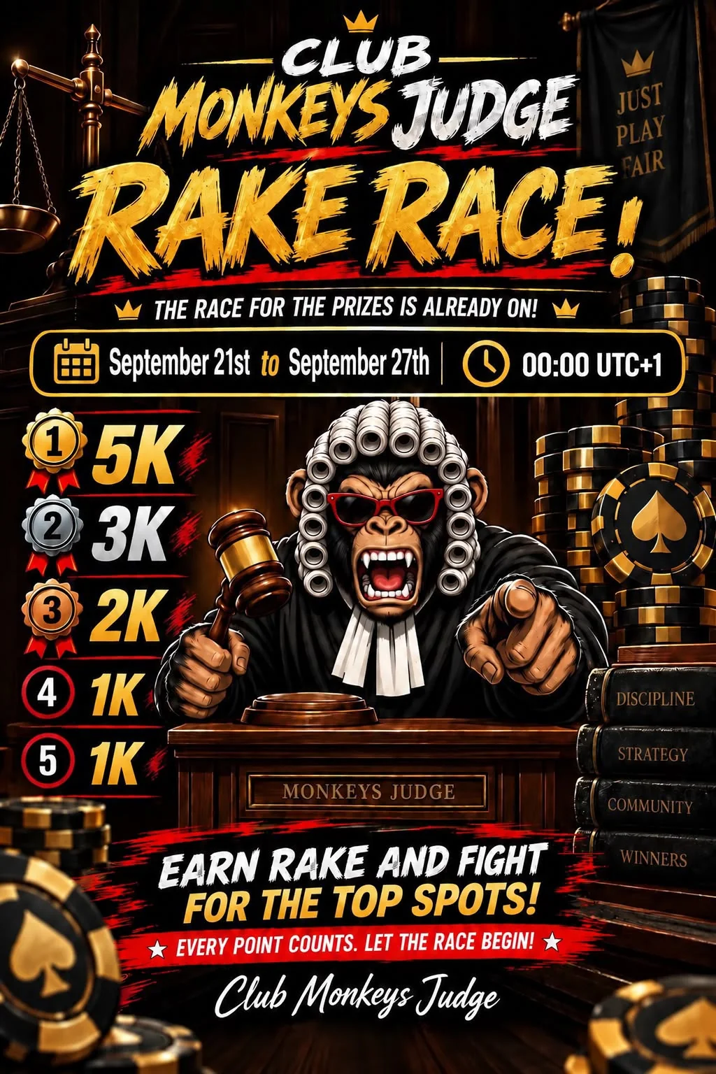 Club Monkeys Judge Rake Race flyer with a cartoon monkey judge holding a gavel, September 21 to 27 at 00:00 UTC+1, prizes 5K first, 3K second, 2K third, 1K fourth and 1K fifth, earn rake and fight for the top spots
