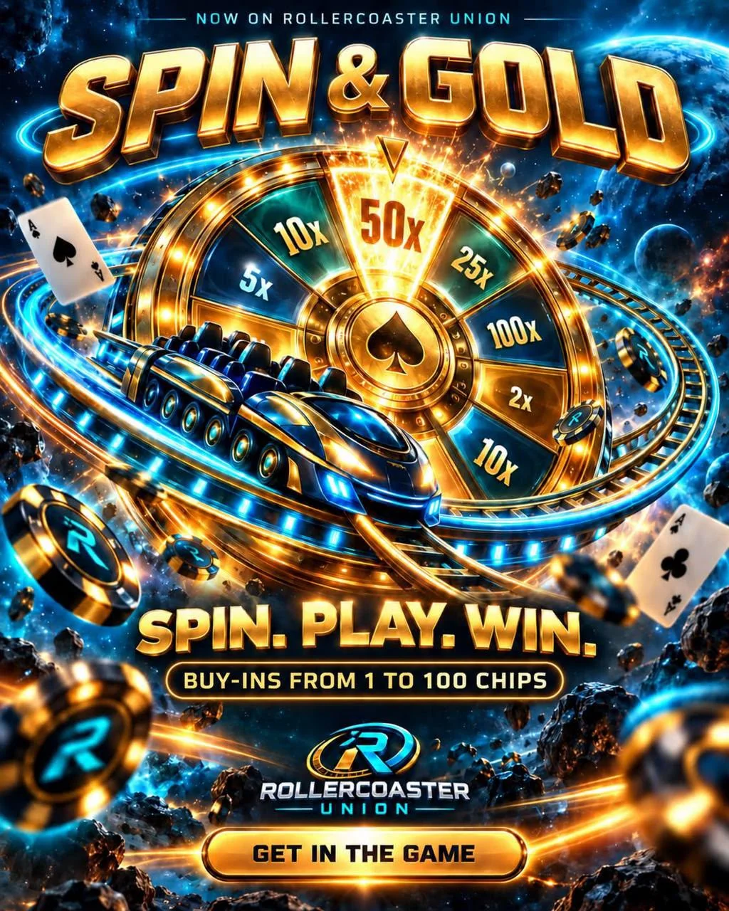 Spin and Gold on Rollercoaster Union, a golden multiplier wheel with 2x, 5x, 10x, 25x, 50x and 100x segments and a space themed rollercoaster, buy-ins from 1 to 100 chips, spin play win