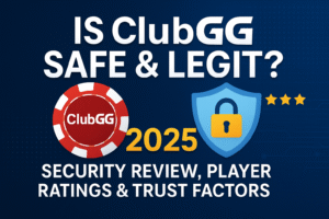 ClubGG safety and trust review 2025 – secure poker app with verified clubs, shield icon, and player trust rating.