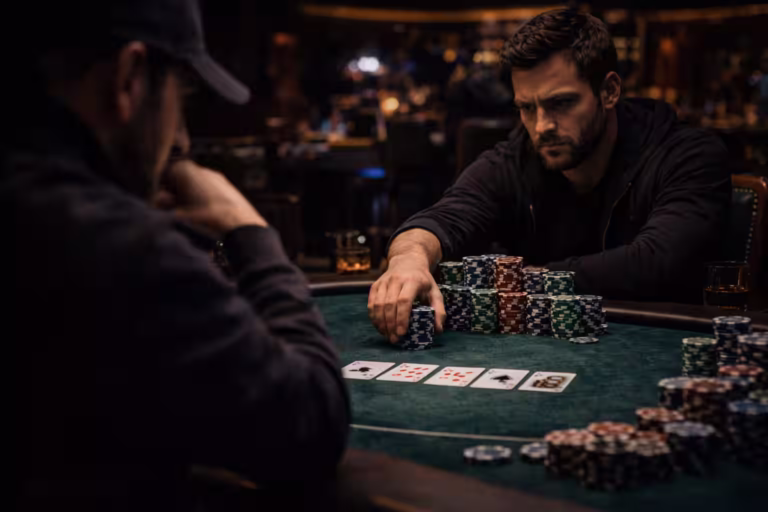 Poker showdown at a casino table | Bluffing Monkeys