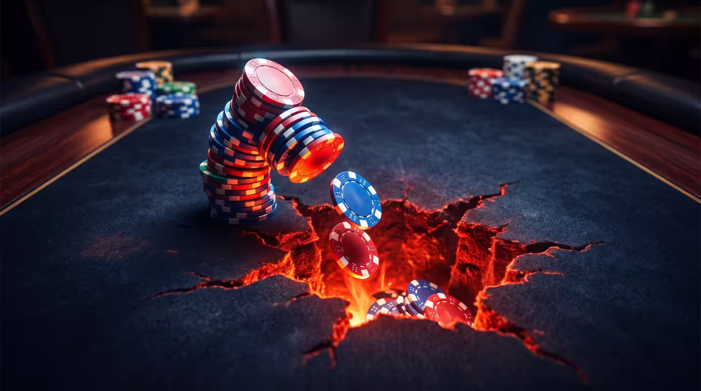 A dramatic, intense close-up landscape macro shot on a sleek poker felt. In the razor-sharp foreground, a single, isolated poker chip sits under a harsh spotlight, looking extremely vulnerable (representing the cheap small blind trap). Looming menacingly in the blurred background is a massive, aggressive wall of opponent chips, casting a dark shadow over the single chip to symbolize being trapped "out of position." High contrast, cinematic lighting, suspenseful atmosphere. No money, currency, or dollar symbols. Aspect ratio is landscape.