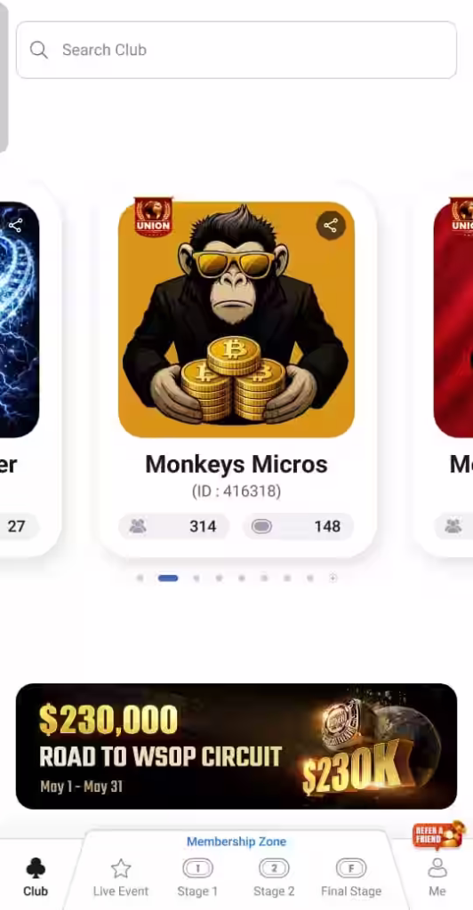 ClubGG app home screen showing poker club access and main navigation