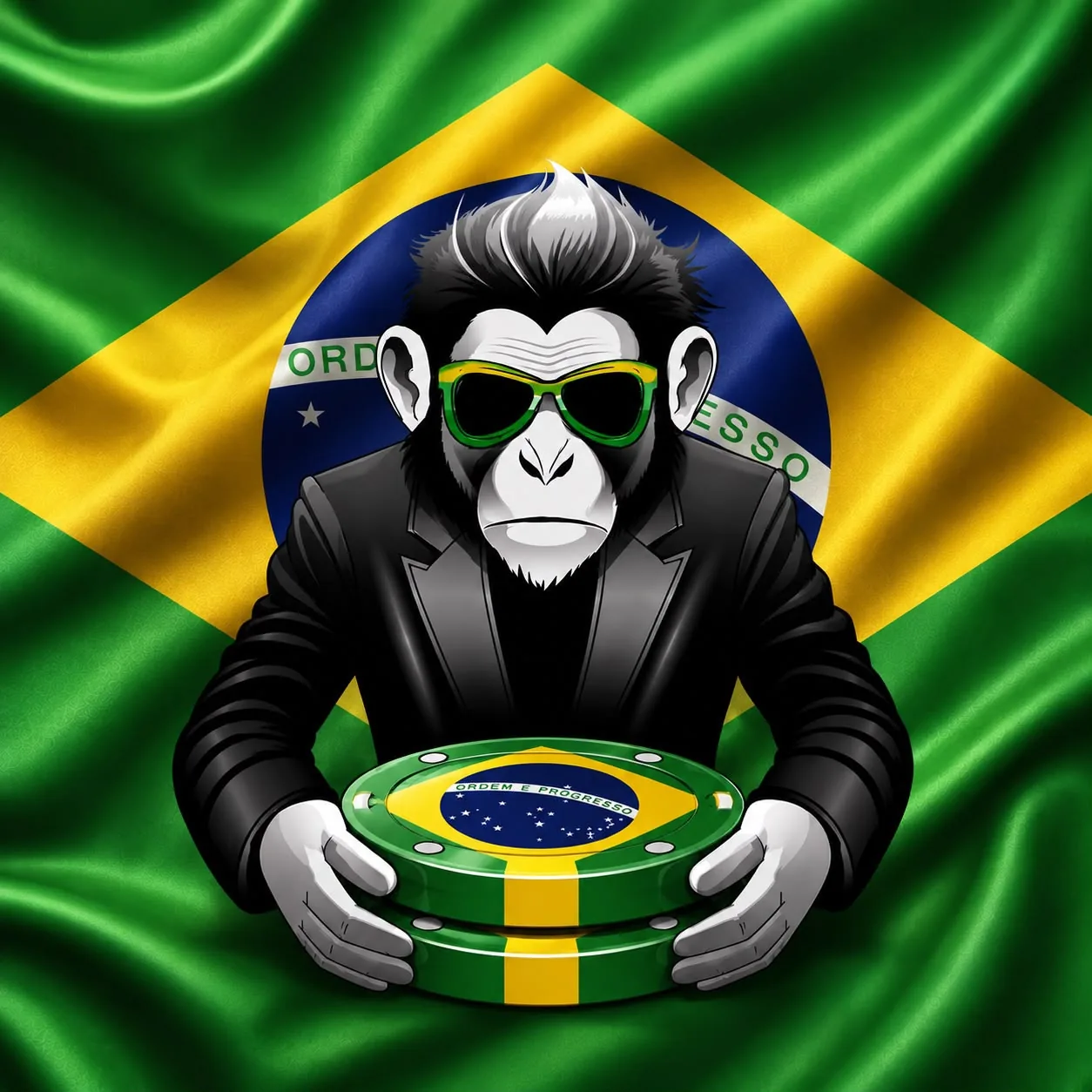 Monkeys Brazil club logo, a cartoon monkey in a black suit and green sunglasses holding poker chips in the colours of the Brazilian flag