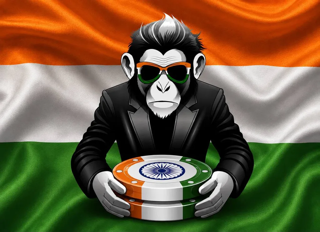 Monkeys India club logo, a cartoon monkey in a black suit and green sunglasses holding poker chips in the colours of the Indian flag
