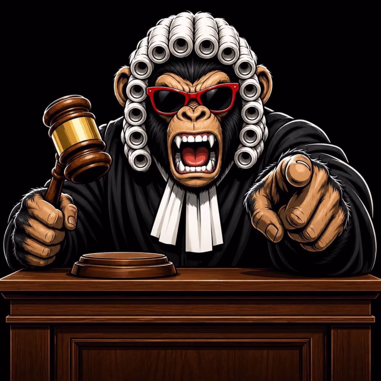 Logo del club Monkeys Judge, un chimpancé juez de dibujos animados con peluca blanca y gafas de sol rojas sosteniendo un mazo