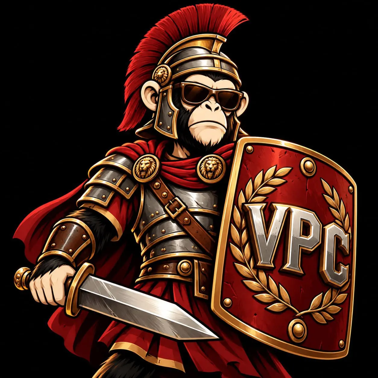 Monkeys VPC club logo, a cartoon chimpanzee Roman legionary in a red plumed helmet and sunglasses holding a sword and a red shield marked VPC